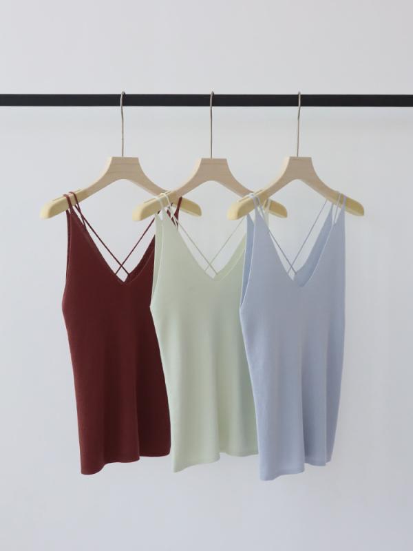 タンクトップ レディース 春夏 Vネック クロストラップ 2WAY ニットキャミソール インナー トップス ノ..