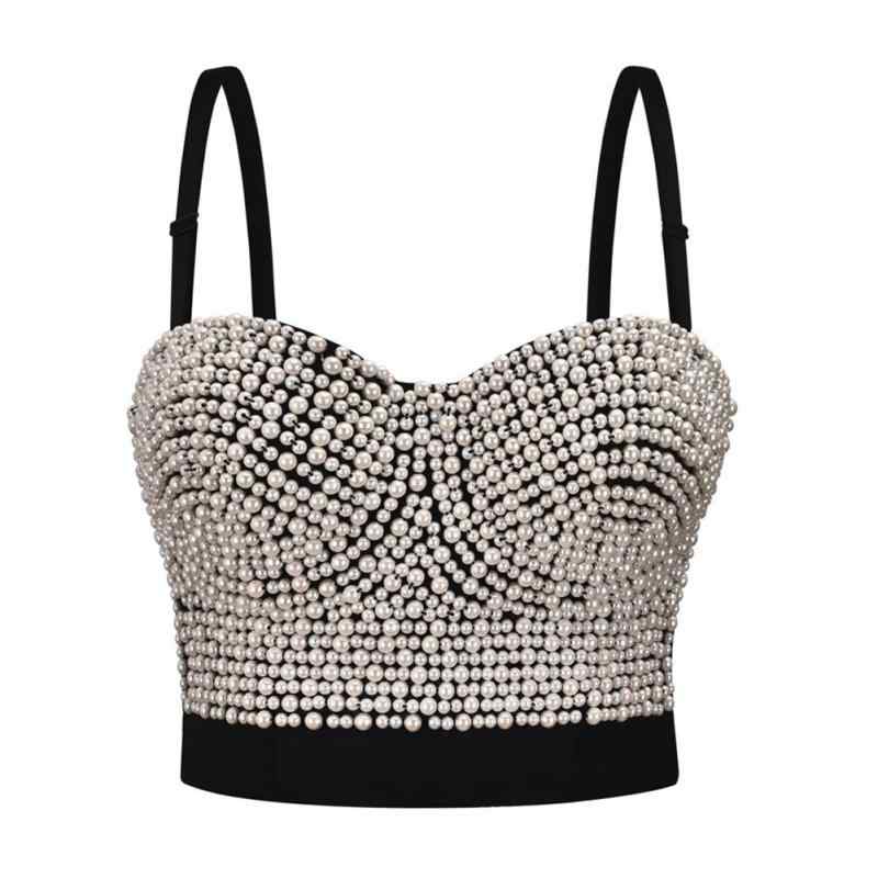 キャミソール レディース ビスチェ ショート丈 トップス 風 手作り ビーズ 真珠 へそ出し セクシー ポリエステル 混紡 白 黒 3/4カップ..