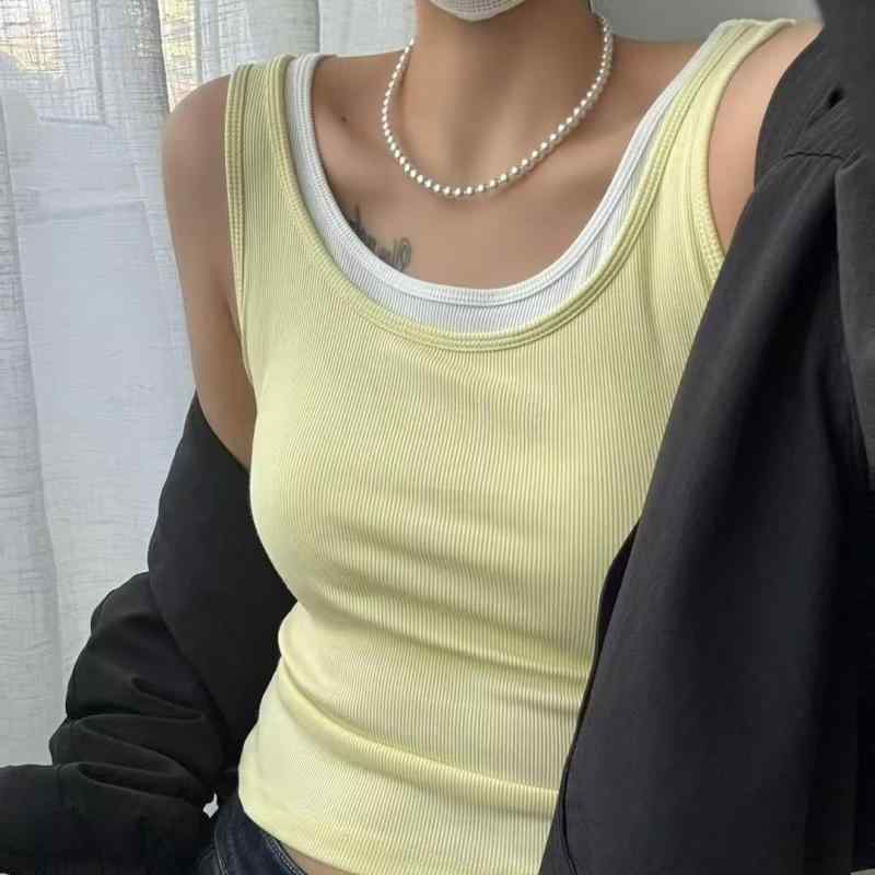 タンクトップ レディース 春夏 コットン パッド付き 肩幅広め ゆったり 重ね着 インナー ブラック ホワ..