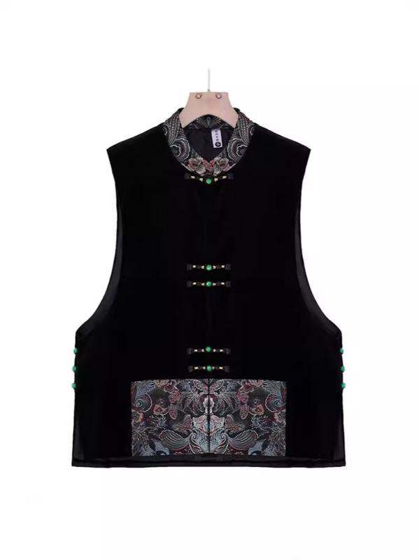 ベスト レディース ママ服 秋冬 中国風 刺繡 中綿入り ゆったり ミセス シニア ブラック