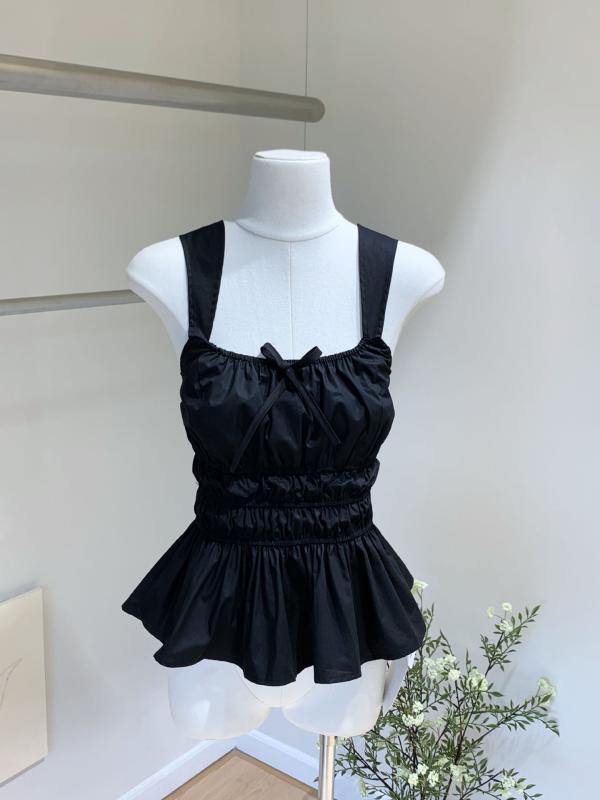 キャミソール レディース フレンチガーリー 裾フリル ノースリーブ トップス 韓国風 大人かわいい ブラック ブルー 再生繊維