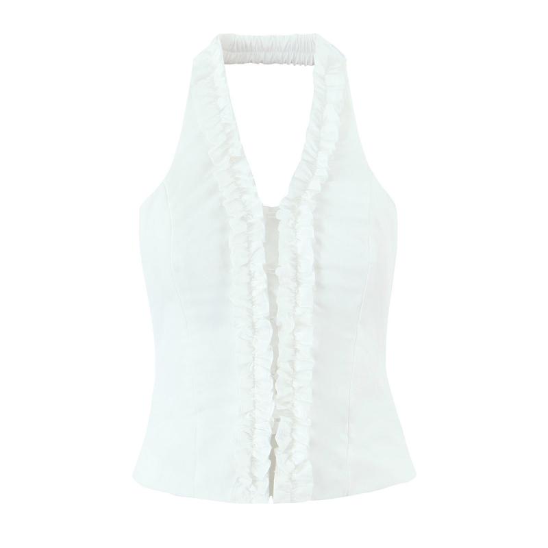 タンクトップ レディース Vネック ノースリーブ トップス 裾フリル 接触冷感 無地 シンプル スリムフィット セクシー ストリート 白