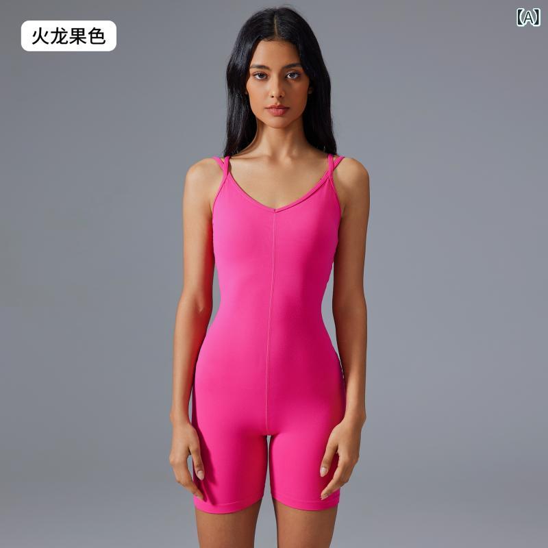 ヨガウェア レディース サロペット ショートパンツ Vネック ノースリーブ ブラパッド付き スポーツウェア トレーニングウェア ルームウェア 接触冷感 吸湿速乾 ストレッチ 無地 ブラック グレー ブルー ピンク系