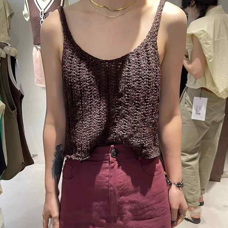 タンクトップ レディース 薄手 ニットキャミソール 無地 ショート丈 トップス ノースリーブ カットソー..