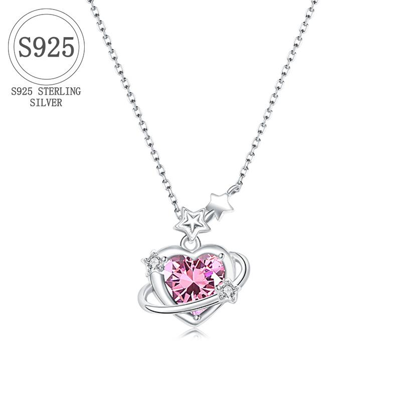 ネックレス レディース S925 シルバー ハート ピンク ジルコニア ペンダント 鎖骨チェーン シルバー925 プラチナメッキ かわいい おしゃれ アクセサリー ジュエリー