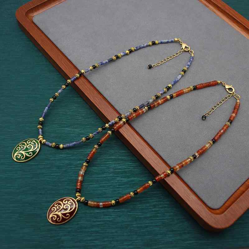 ネックレス レディース レッド瑪瑙 幾何学模様 レトロ ペンダント 瑪瑙 ラウンドビーズチェーン ショー卜ネックレス アクセサリー ギフト(4)