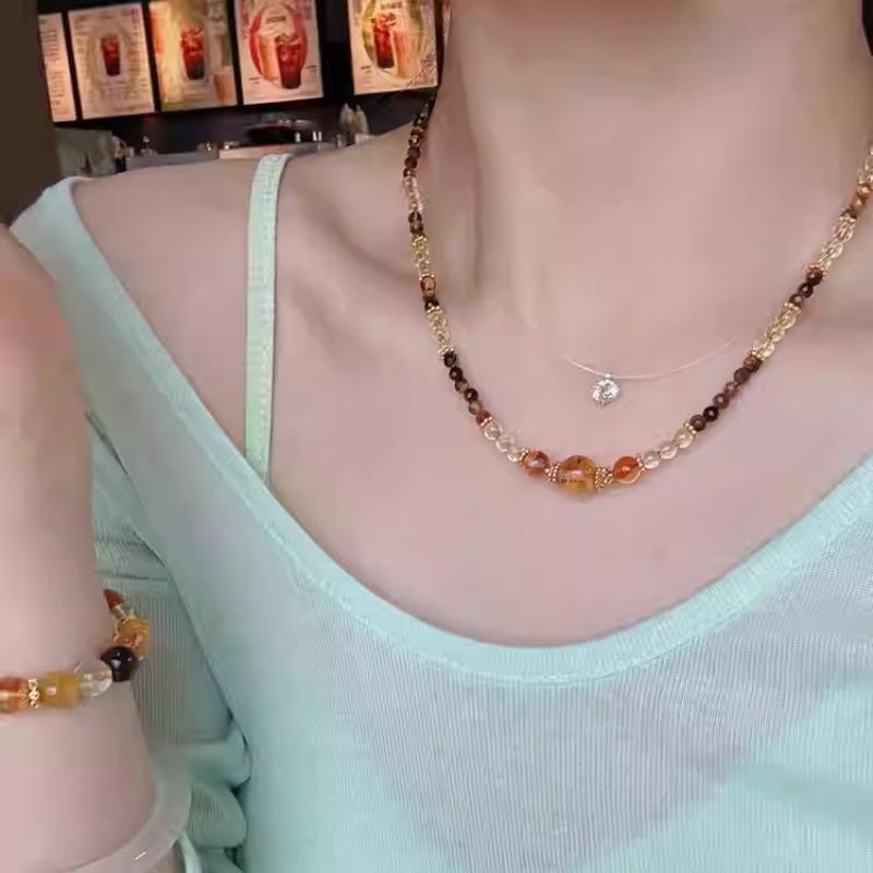 ネックレス レディース 黄水晶 金覇 虎眼石 レトロ 小さめ 豪華感 おしゃれ 925シルバー ペンダント 手作り ビーズ チェーン