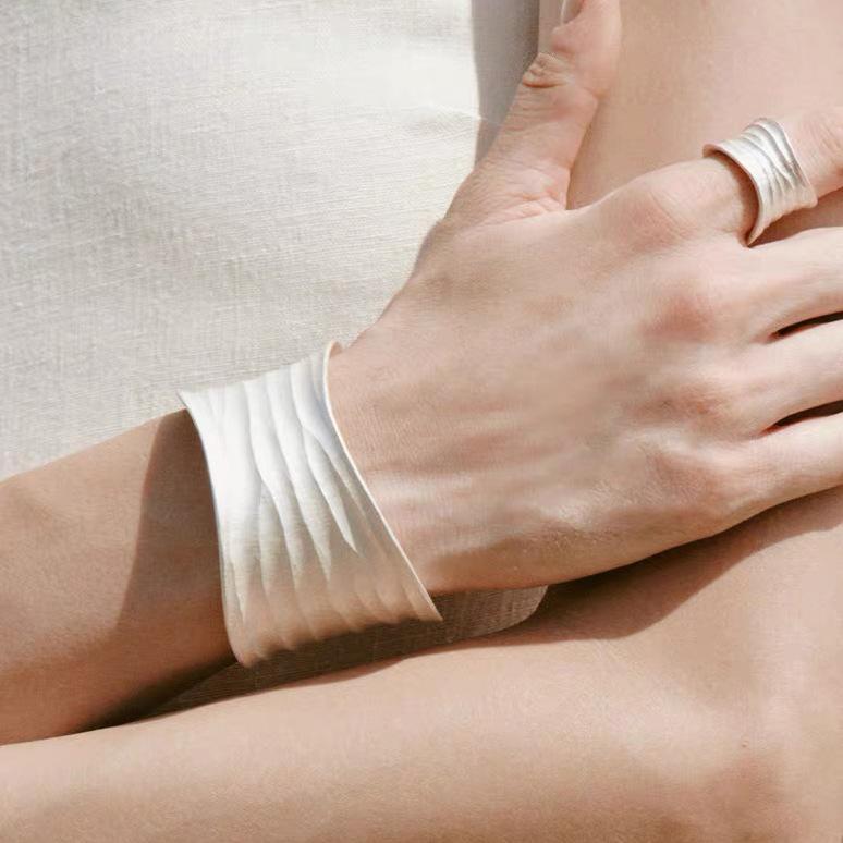 ブレスレット レディース シルバー ハンドメイド テクスチャ リーフ 静脈 オープン バングル ファッション アクセサリー(4)