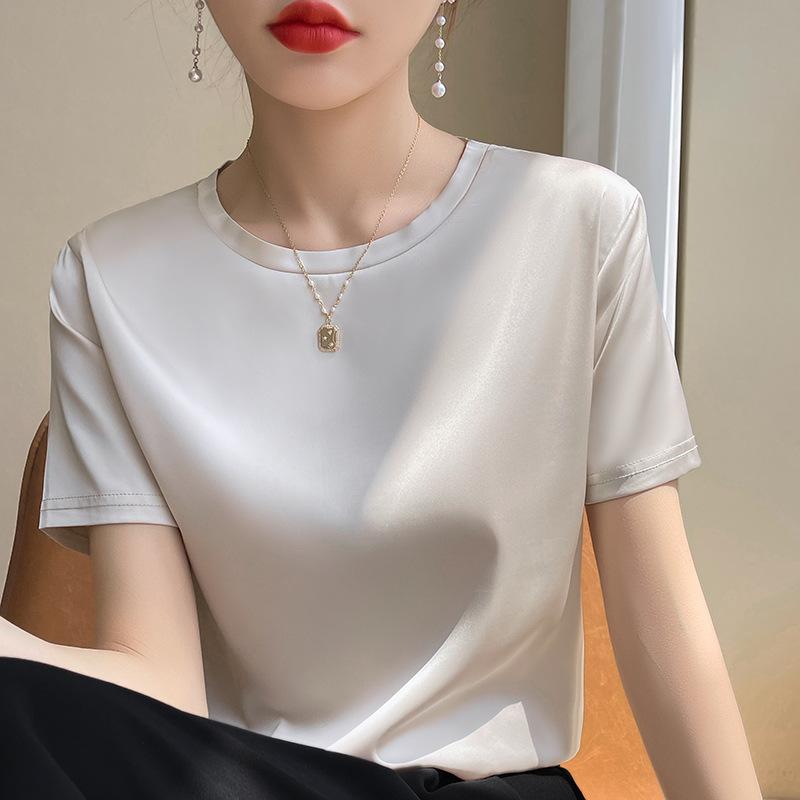 Tシャツ レディース 半袖 絹 サテン トップス カットソー 白 ホワイト インナー 接触冷感 ゆったり 大きめ 通勤 きれいめ 上品