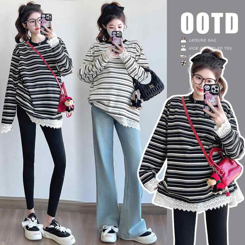 Tシャツ レディース マタニティウェア レース 花柄 ボーダー柄 長袖 春 トップス ゆったり かわいい 杏..