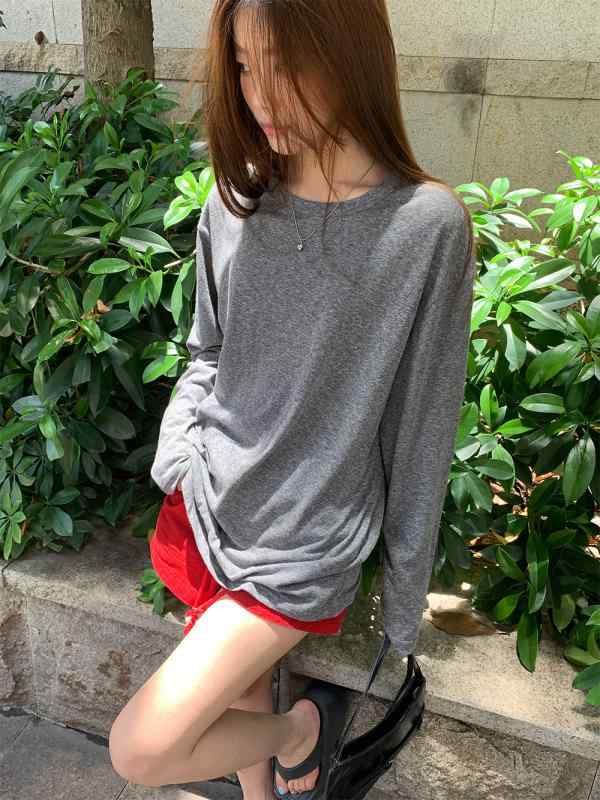 Tシャツ レディース 秋冬 長袖 綿100% ゆったり 接触冷感 接触冷感 紫外線対策 部屋着 普段使い グレー