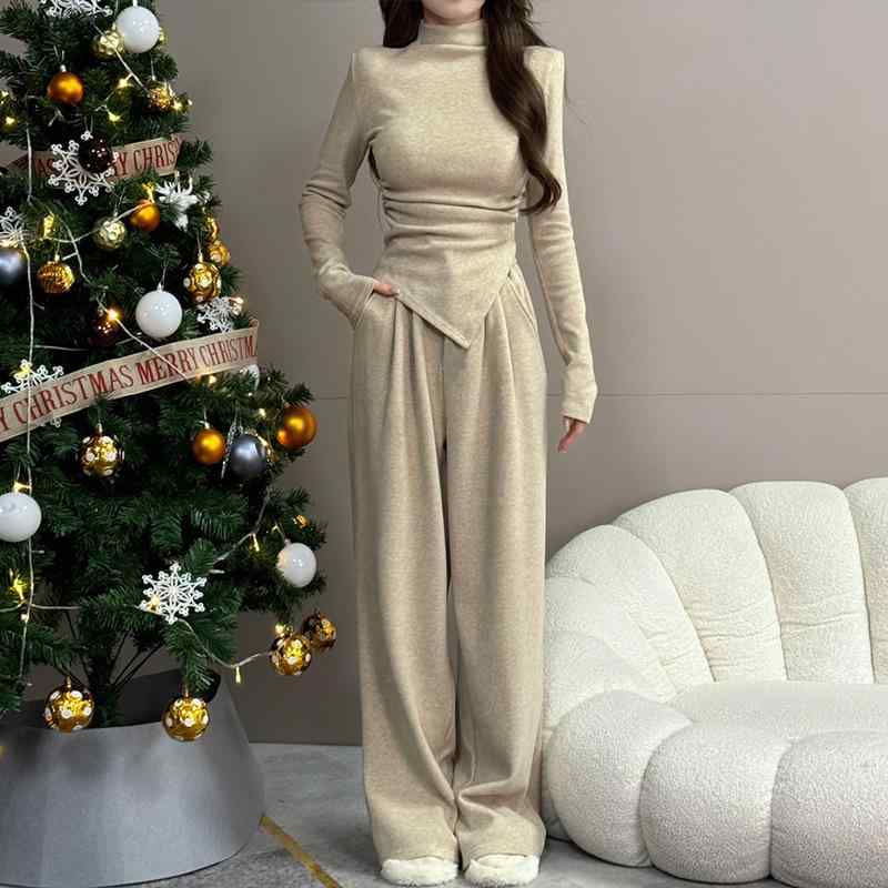 セットアップ レディース Tシャツ パンツ 綿混紡 不規則デザイン ハイネック 長袖 ワイドレッグパンツ カジュアル オートミール ブラック