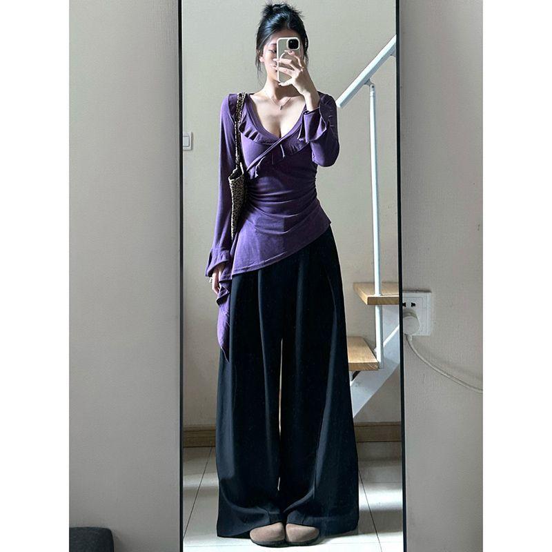 Tシャツ レディース 長袖 Vネック 紫色 モダール 裾フリル スリムフィット タイト 秋冬 インナー トップス きれいめ