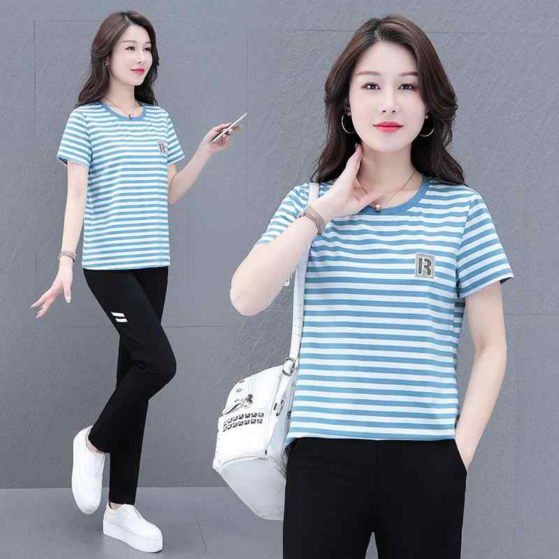 レディース 接触冷感 ジャージ 上下セット 半袖 Tシャツ & 長ズボン 綿混紡 スポーツウェア ルームウェア ストライプ ピンク系 ブルー 普段使い 部屋着