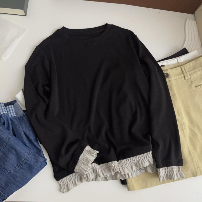 Tシャツ レディース 春秋 ラウンドネック 花柄 レース 長袖 トップス インナー ゆったり 裾フリル 切り替え プルオーバー 白 黒 カットソー カジュアル2