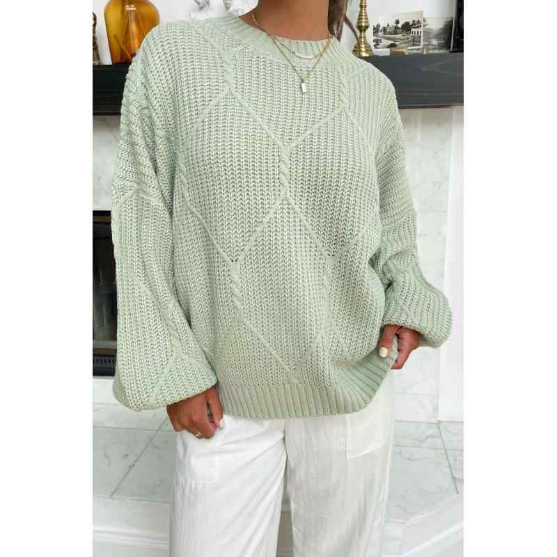 ニット・セーター レディース 秋冬 ゆったり ラウンドネック プルオーバー トップス 浅緑 ミルクホワイ..