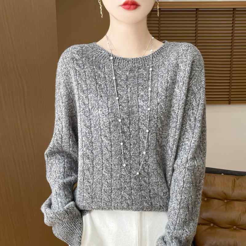 ニット レディース 秋冬 ラウンドネック ケーブル編み プルオーバー トップス チュニック丈 ゆったり 柔らかい 花柄 ピンク系2