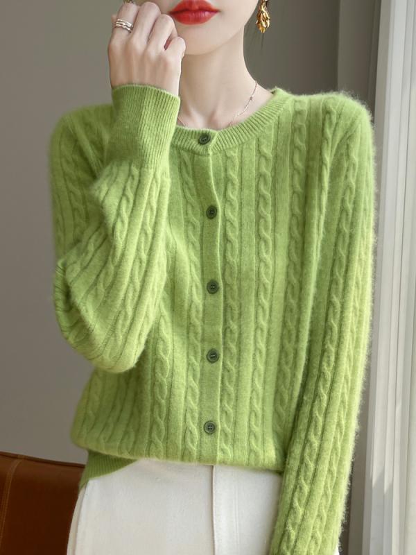 カーディガン レディース ニットカーディガン 丸首 アンディウール ケーブル編み 無地 ゆったり 長袖 ..