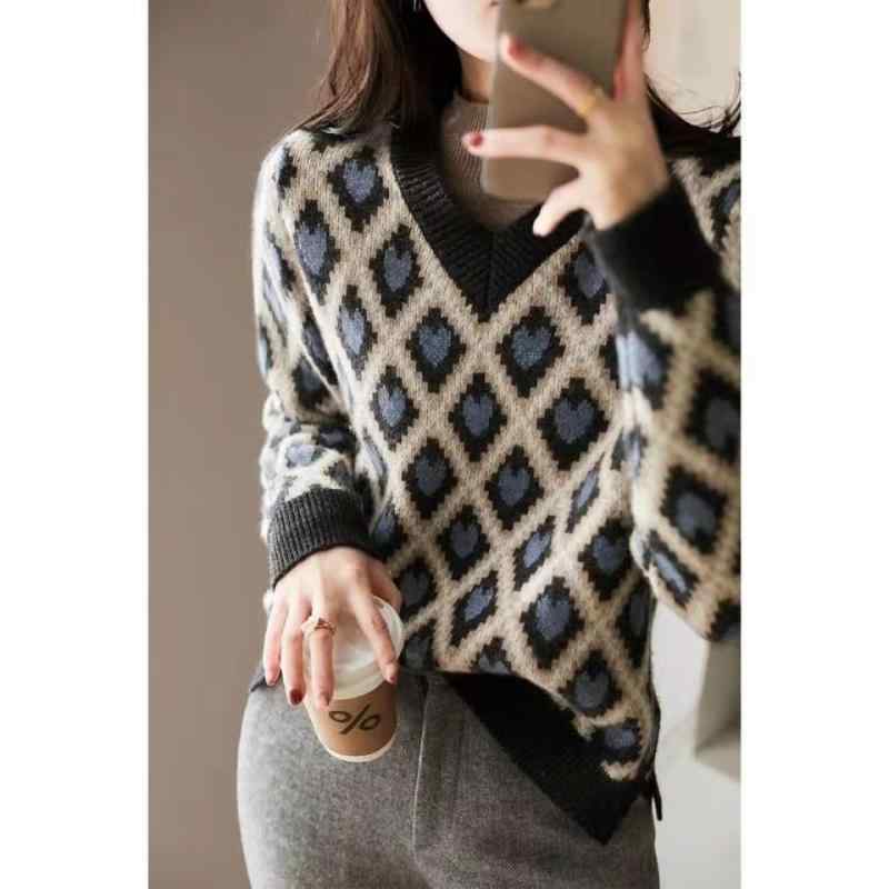 ニット レディース Vネック 厚手 セーター アーガイル柄 長袖 トップス プルオーバー ゆったり かわいい 秋冬 あったか ガーリー デイリー 普段使い 深灰...