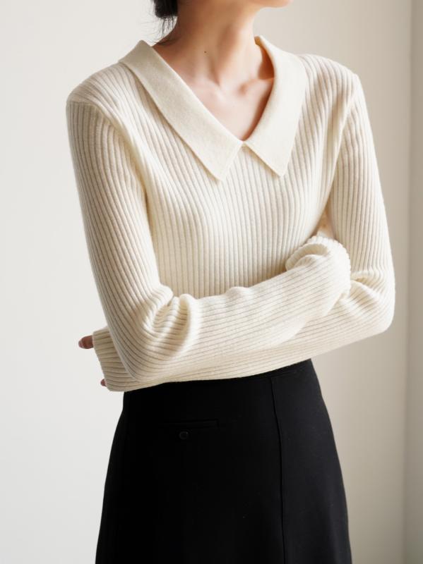 ニット レディース 長袖 ドール襟 切り替え トップス プルオーバー セーター 秋冬 エレガント かわいい..