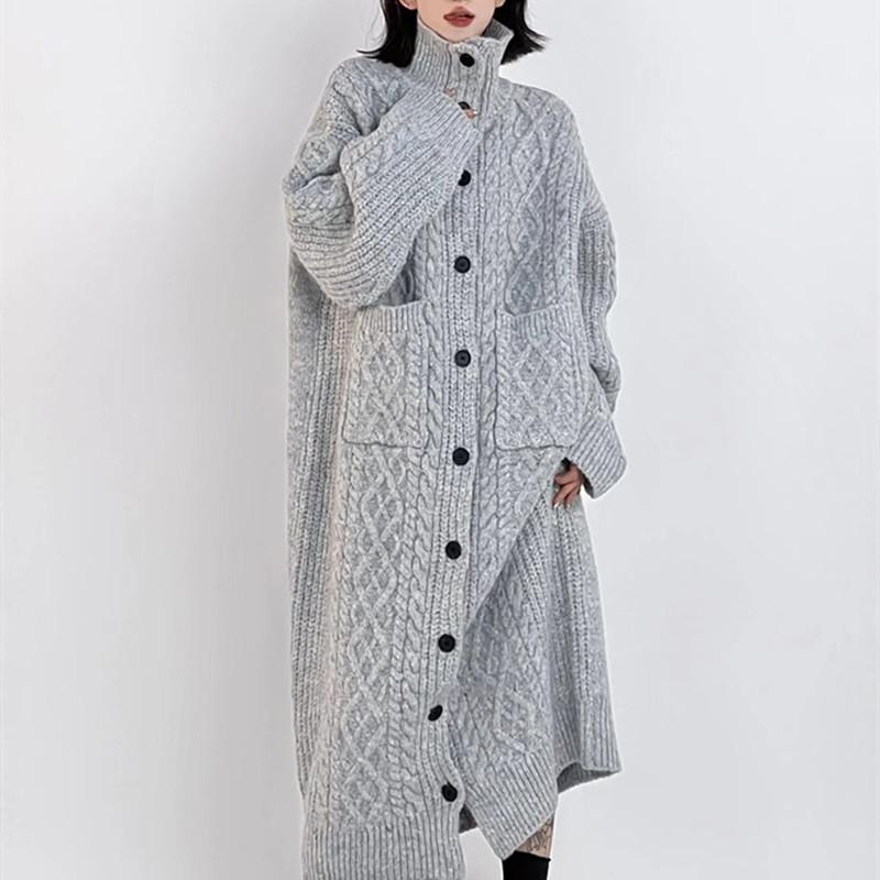 カーディガン レディース 秋冬 ニット ロング丈 Vネック 暖かい 厚手 ゆったり 羽織り アウター カジュアル 普段使い 韓国ファッション 長袖 ドロップショルダー ケーブル編み 防寒 伸縮性