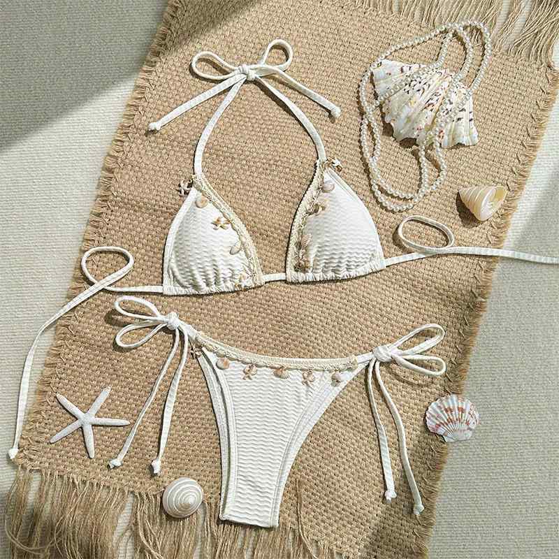 水着 レディース ビキニ 貝殻 ビーチウェア スイムウェア 無地 セクシー ハイウエスト 杏色 XS S M L