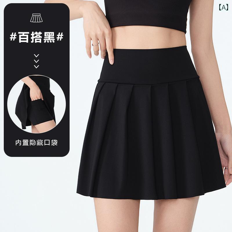 スカート レディース アウトドア 速乾 高腰 プリーツ ヨガ スポーツ 運動 ジム 短パン付き ショート ミニ 無地 黒 ブラック グレー ピンク系 ブルー