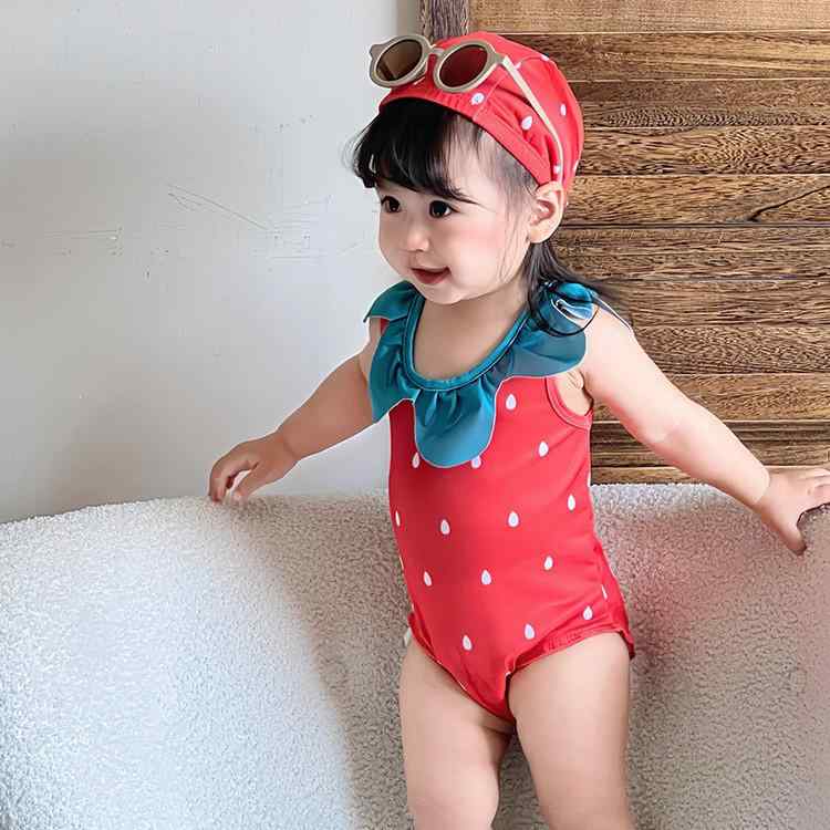 水着 女の子 いちご柄 ワンピース 子供 中小 かわいい リゾート ビーチ 海 プール ポリエステル