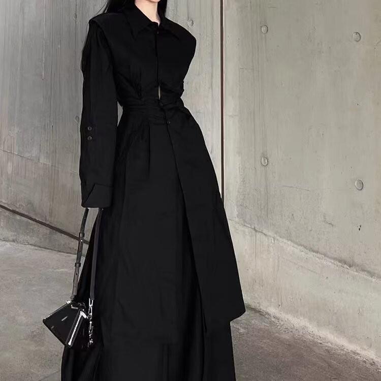 ワンピース レディース レトロ風 開襟 シャツワンピース セットアップ 綿 ロングワンピース スリット ..