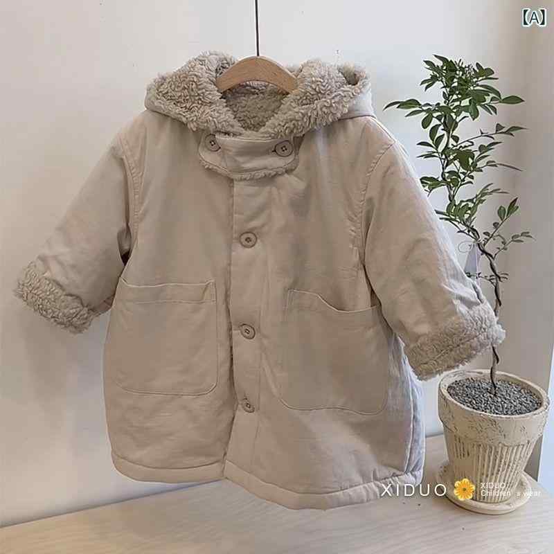 子供服 アウター 男女兼用 秋冬 長袖 無地 フード付き 裏起毛 防寒 暖かい ゆったり コットン コート ..