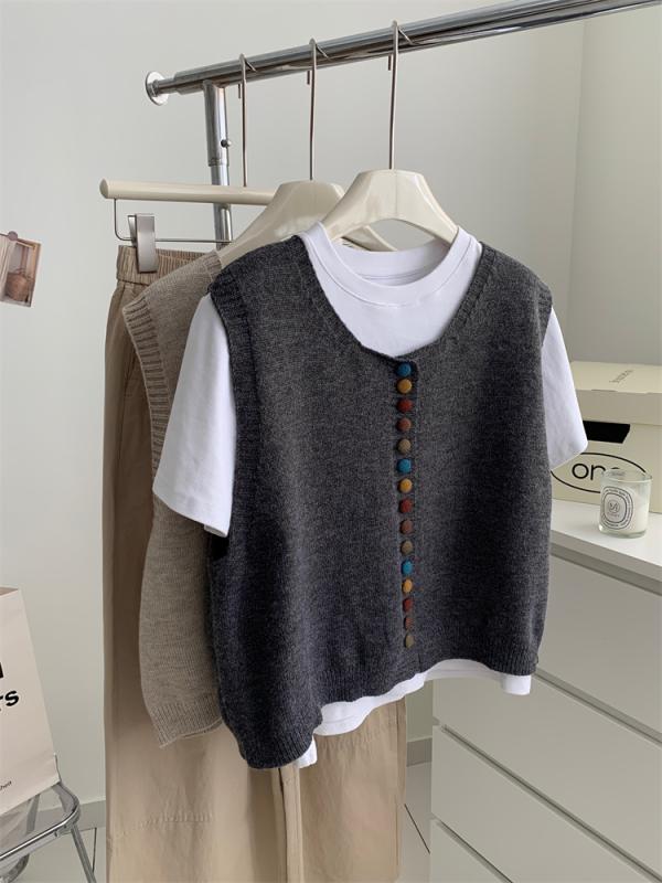 ニット レディース 秋冬 韓国 レトロ 配色 ボタン ラウンドネック ノースリーブ カーディガン ベスト ..