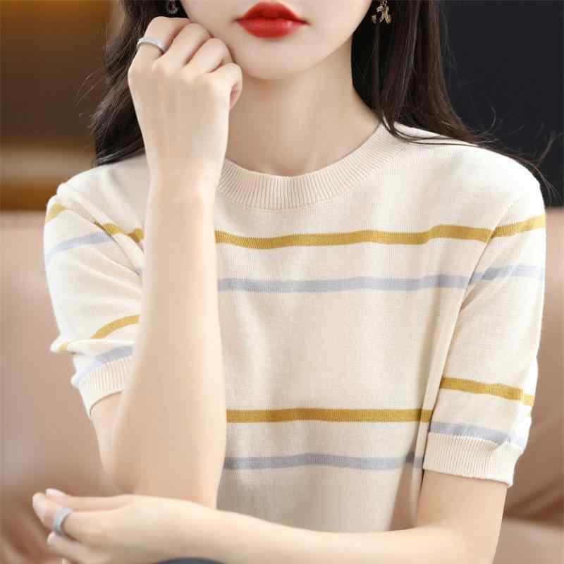 ニット レディース 春夏 半袖 Tシャツ カットソー ラウンドネック ボーダー柄 配色 切り替え 薄手 ゆっ..