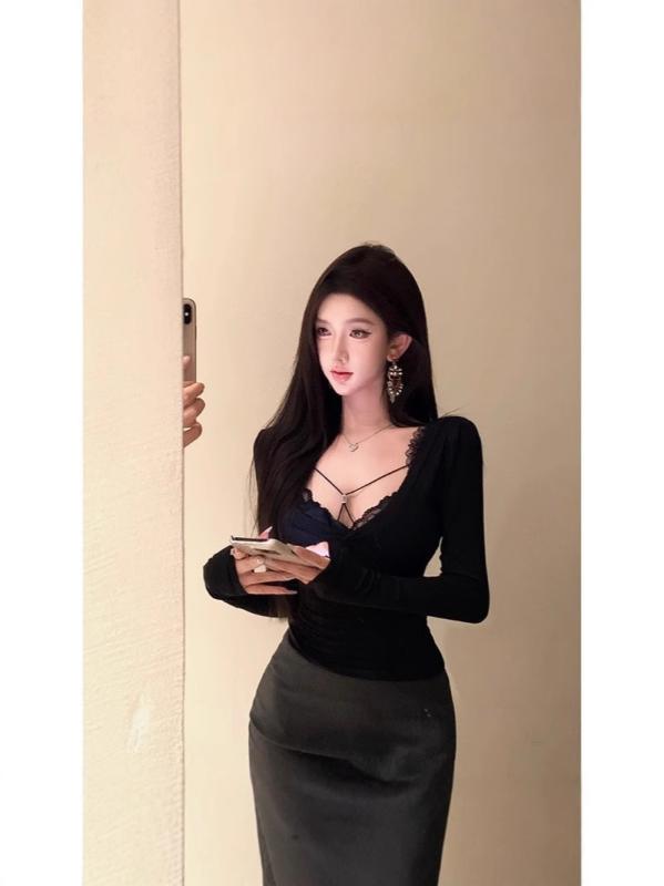 Tシャツ レディース 春 長袖 黒 レース Vネック セクシー チュニック カットソー スリムフィット ベル..