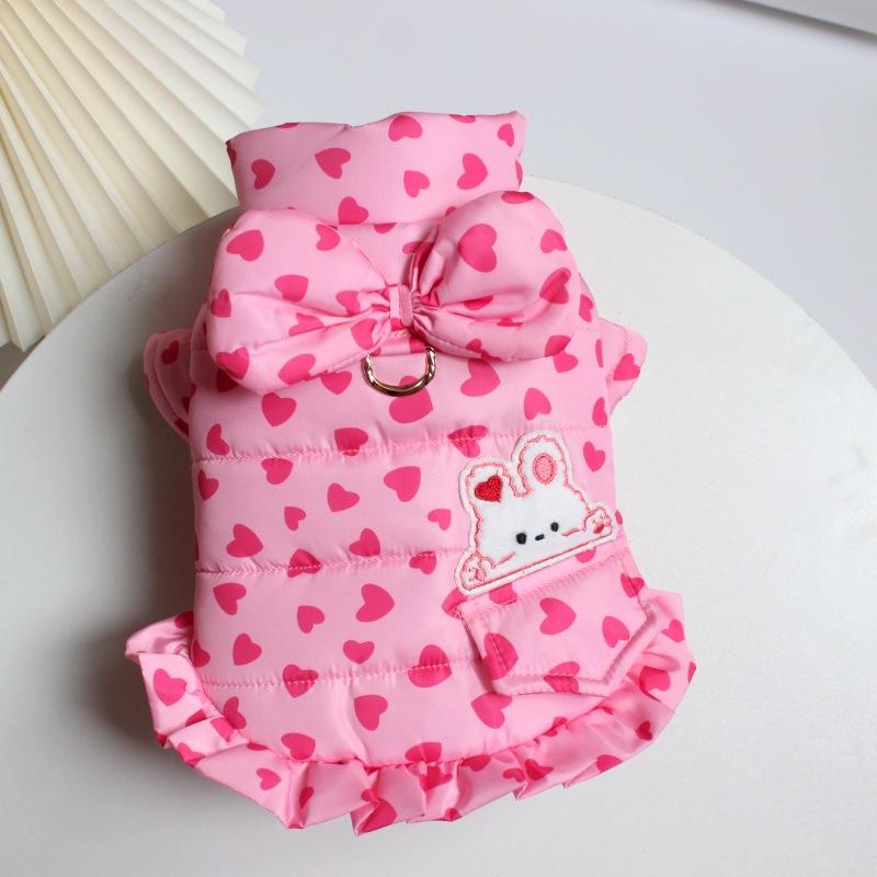 ペット 服 秋冬 小型犬 猫 テディベア ハート柄 リード穴付き 厚手 ワンピース