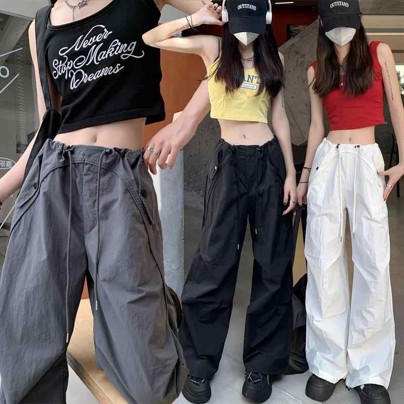 パンツ レディース 2025 春夏 ワークパンツ カーゴパンツ ワイドパンツ 小柄 美脚 グレー パラシュートパンツ 速乾性 アクティブ カジュアル 立体装飾 アクリル 低ウエスト XS S M L XL