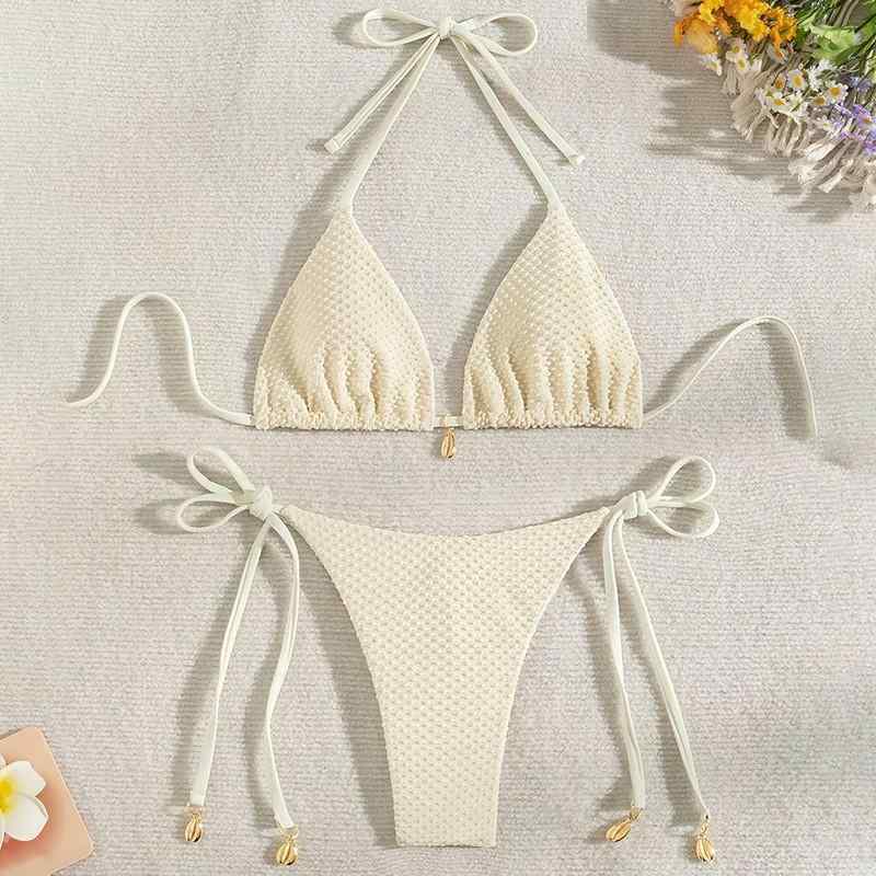 水着 レディース ビキニ 貝殻デザイン セパレート 無地 温泉 海水浴 ビーチ リゾート スイムウェア 米白色