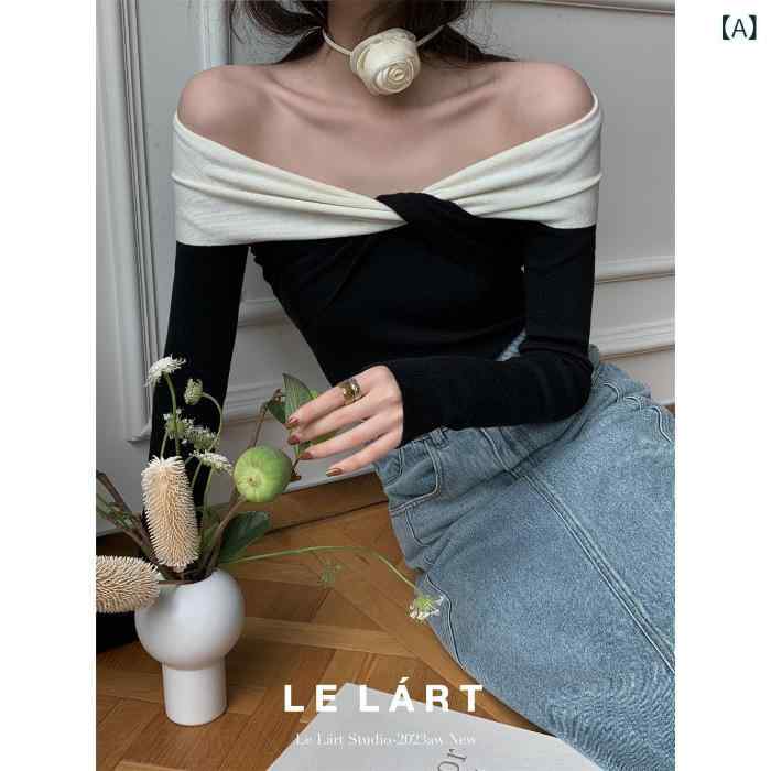 ニット レディース 秋冬 一字肩 切り替え 配色 ニットソー トップス プルオーバー 長袖 スリムフィット..