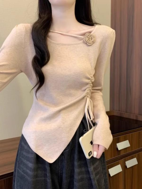 ニット レディース 秋冬 トップス 長袖 スリムフィット ショート丈 プルオーバー ラウンドネック 無地 ..