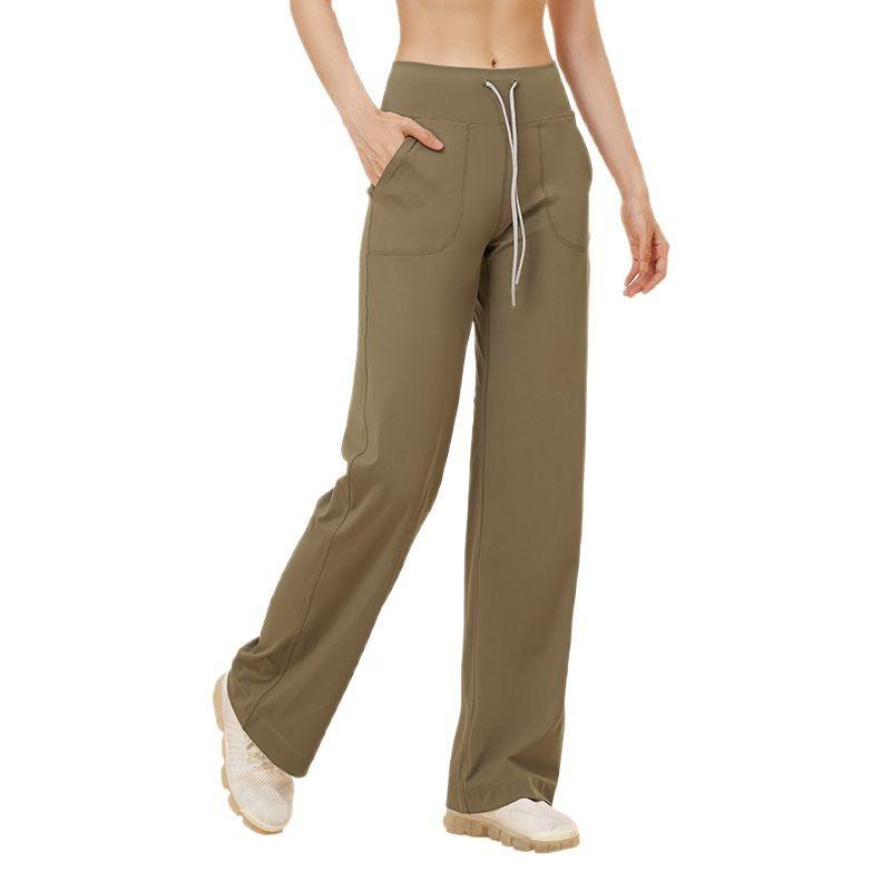 パンツ レディース 高腰 提臀 ゆったり ドローストリング ワイドレッグパンツ アウトドア スポーツ カジュアル ストレート 接触冷感 ジム ヨガ 春夏 黒 グレー ブラウン