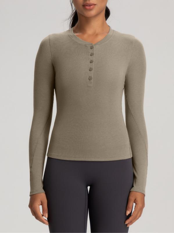 ヨガウェア レディース 長袖Tシャツ ボタン付き メリノウール ヘンリーネック トップス スポーツ 超伸縮 秋冬 春冬 アンゴラレッド ブラック グレー パープル グリーン コーヒー S M L XL