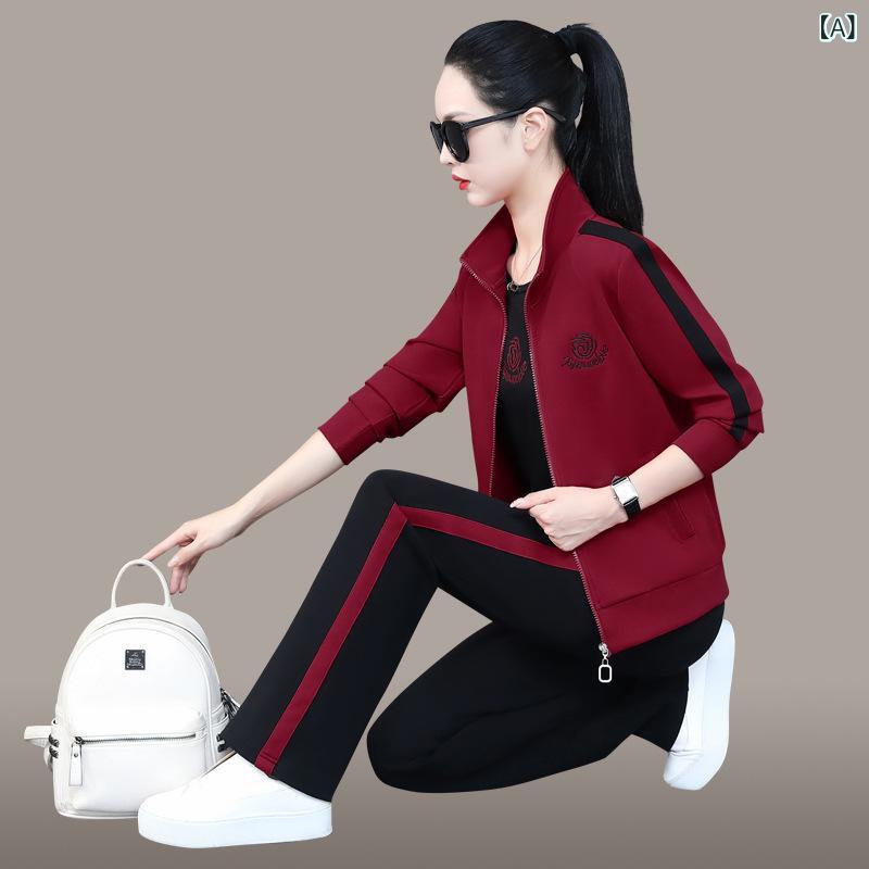 レディース 3点セット 婦人服 カジュアルセットアップ 秋冬 綿 ジャージ 上下セット スポーツウェア 刺..