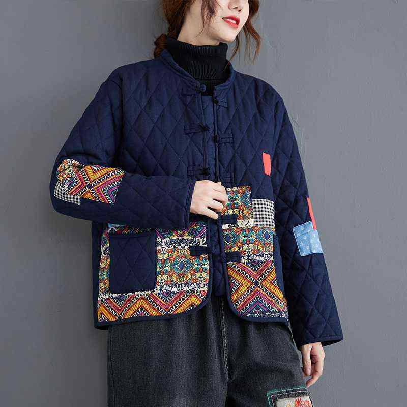 レディース 中綿入りジャケット ゆったり カジュアル レトロ アップリケ パッチワーク 長袖 半高襟 ロ..