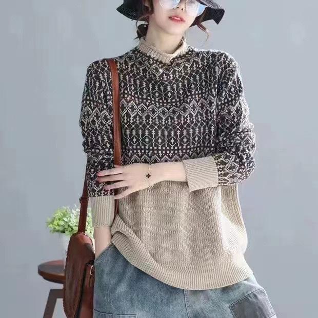 ニット・セーター レディース 秋冬 高品質コットン レトロ ストライプ柄 トップス 長袖 プルオーバー ..