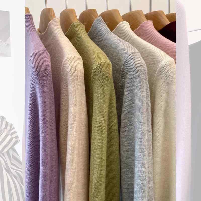 ニット レディース 秋冬 長袖 半高襟 ウール トップス スリム フィット ショート丈 インナー 小米ホワ..