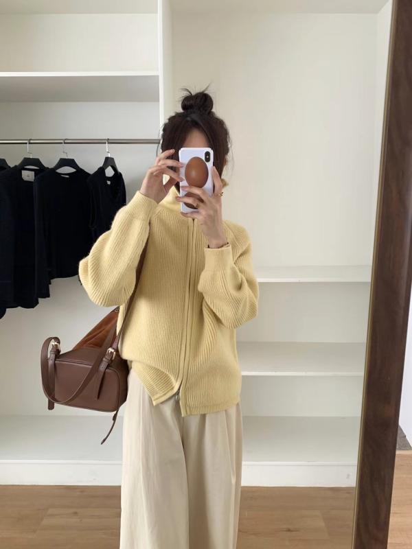 ニットカーディガン レディース 韓国風 卵型 ダブルジップ ハイネック 厚手 ニット カーディガン トッ..