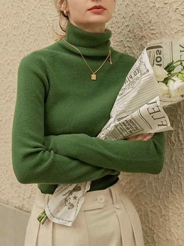 ニット・セーター レディース ニット トップス 秋冬 高見え 暖かい チーズグリーン ハイネック プルオ..