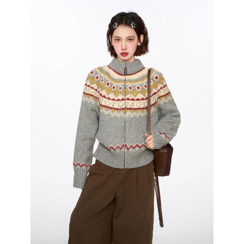 ニット カーディガン レディース レトロ アーガイル柄 秋冬 あったか ケーブル編み ボリューム袖 ゆったり 厚手 ニット アウター 羽織り 普段使い 部屋着