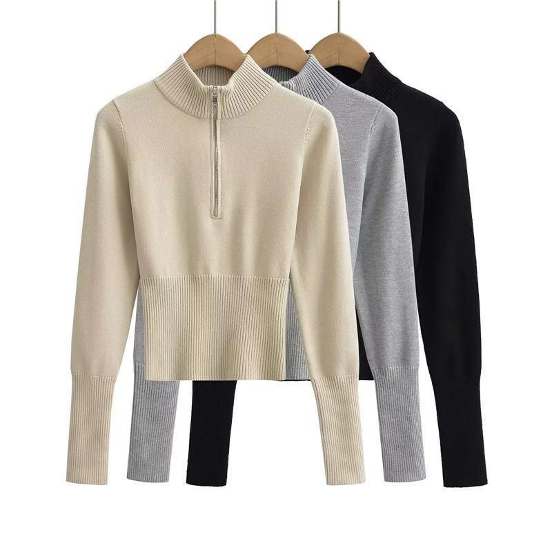 ニット レディース 秋冬 ハーフハイネック プルオーバー 長袖 ショート丈 トップス スリム タイト 無地..