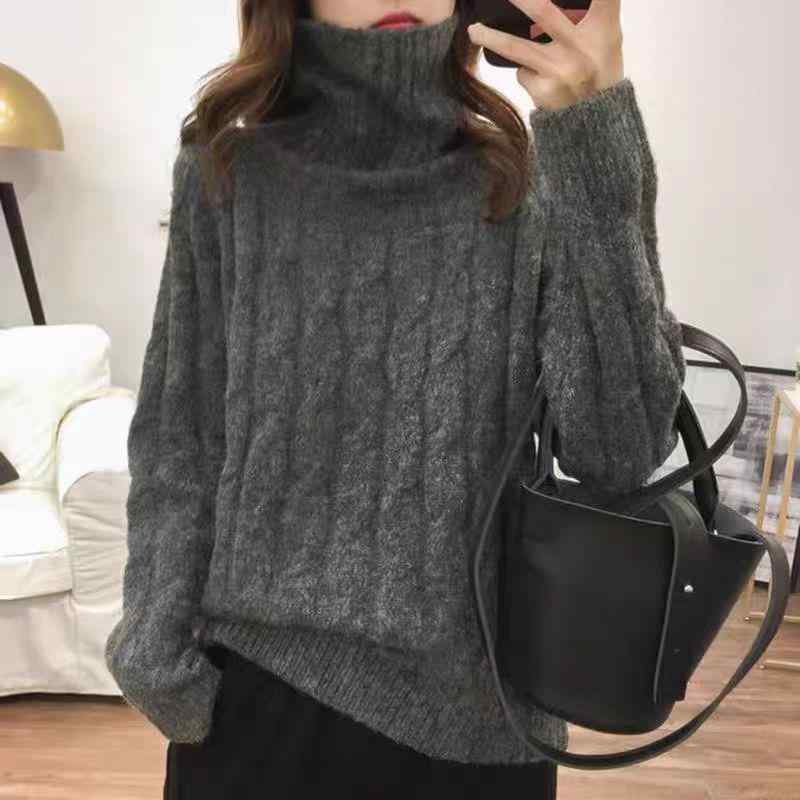 ニット レディース セーター トップス 秋冬 プルオーバー ケーブル編み ゆったり 柔らかい カジュアル 長袖 高襟 暖かい 防寒 普段使い 韓国風 ファッション 無地 浅灰(4)