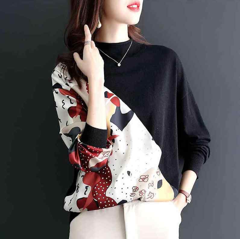 ニット レディース トップス レトロ プリント 薄手 セーター カットソー プルオーバー 長袖 ラウンドネック 接触冷感 ゆったり 普段使い 通勤 オフィス エレガント ブラック アイボリー